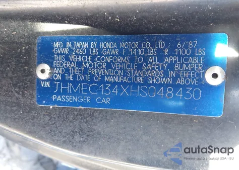 1987 Honda Civic 1500 Crx Si from USA, damaged, VIN JHMEC134XHS048430